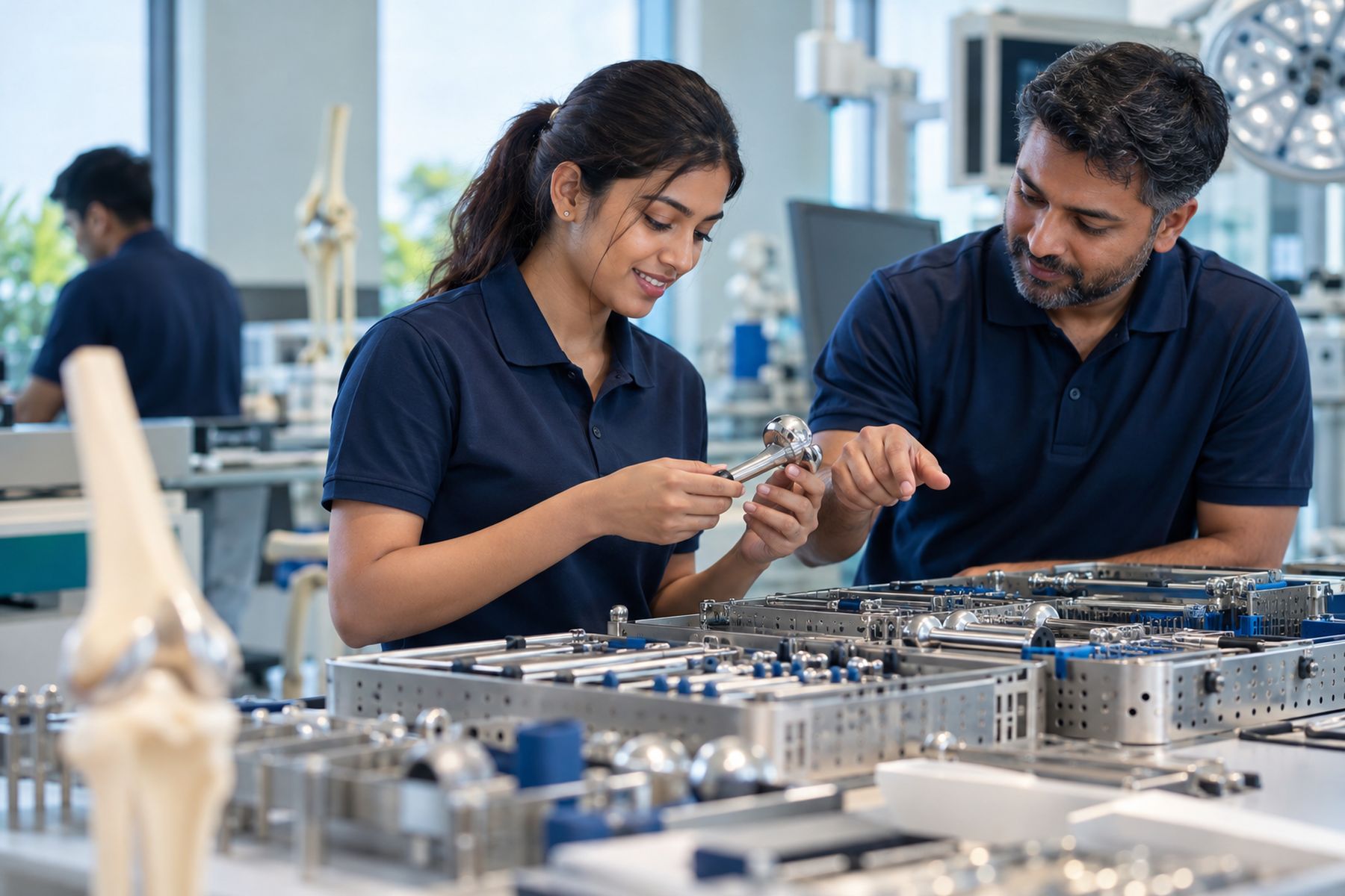 Product specialists reviewing an orthopaedic instrument set